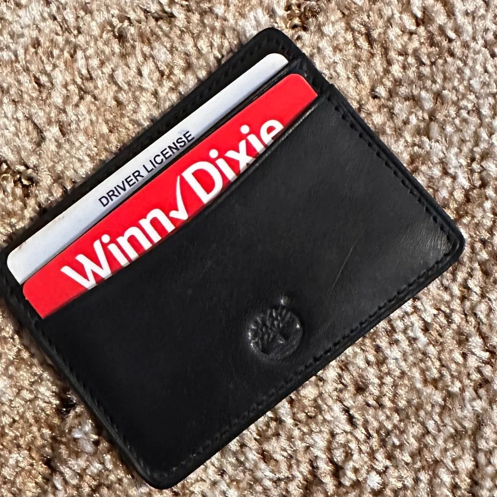 Timberland Credit Card Holder Black Leather Thin Pocket License Slim 4 Slot